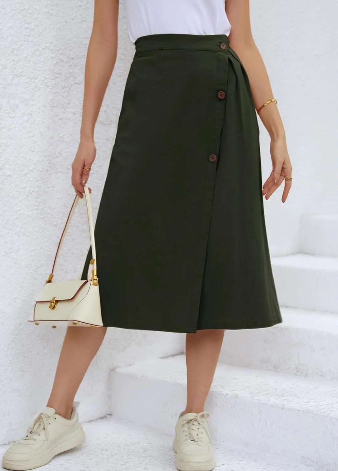CHARTOU Women's Summer Linen Elastic Back Buttoned Swing Midi A Line Skirt