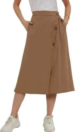 CHARTOU Women's Summer Linen Elastic Back Buttoned Swing Midi A Line Skirt