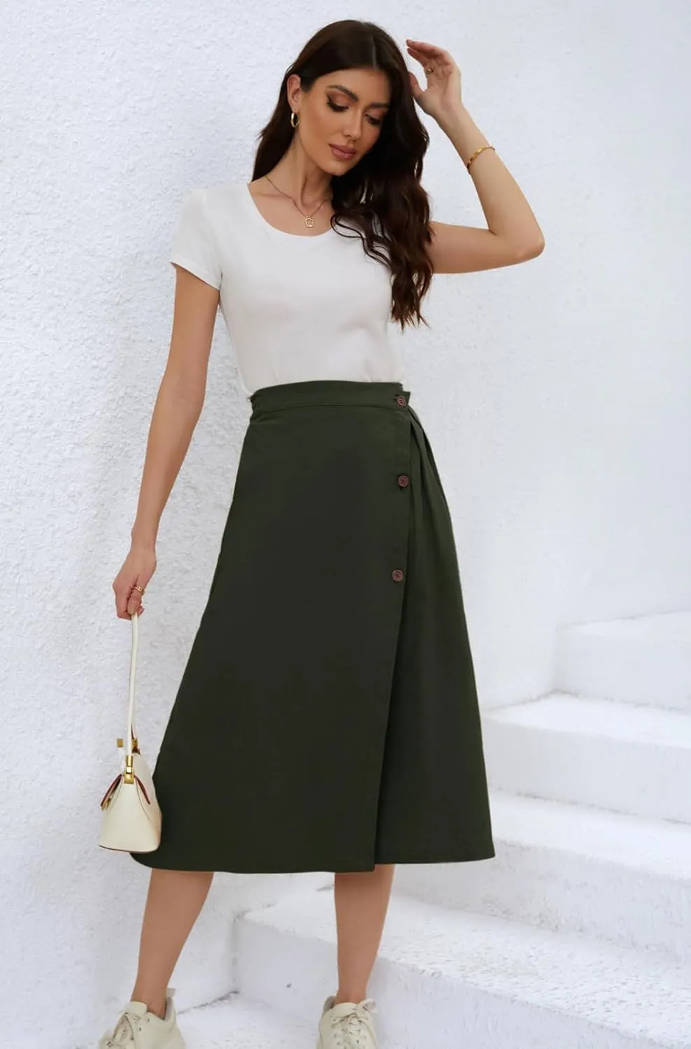 CHARTOU Women's Summer Linen Elastic Back Buttoned Swing Midi A Line Skirt
