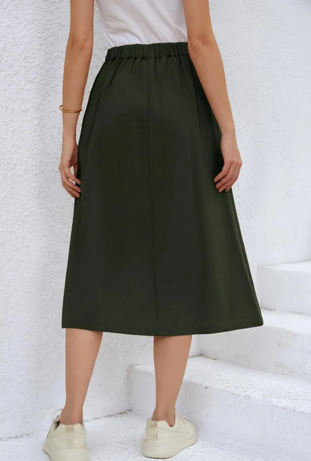 CHARTOU Women's Summer Linen Elastic Back Buttoned Swing Midi A Line Skirt