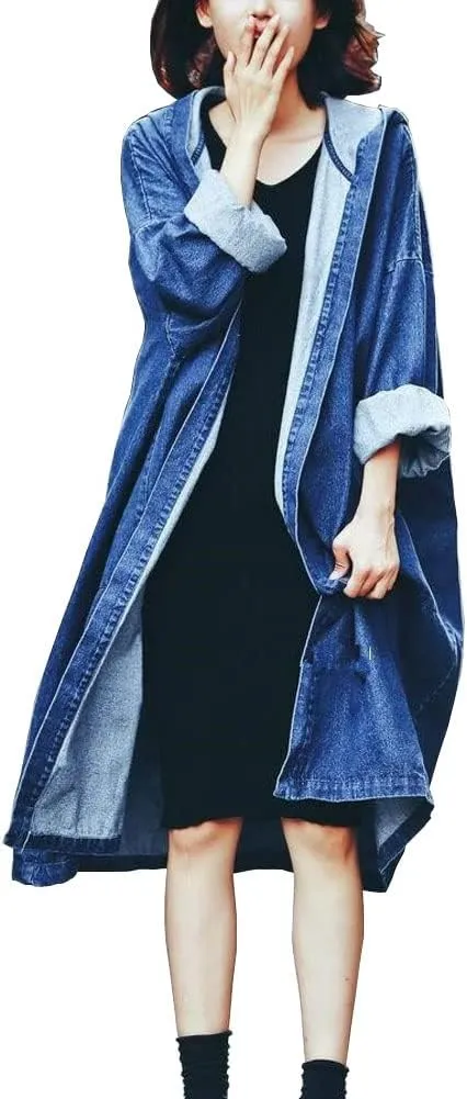 chouyatou Women's Casual Hooded Denim Jacket Open Front Loose Fit Boyfriend Jean Long Trench Coat with Hood