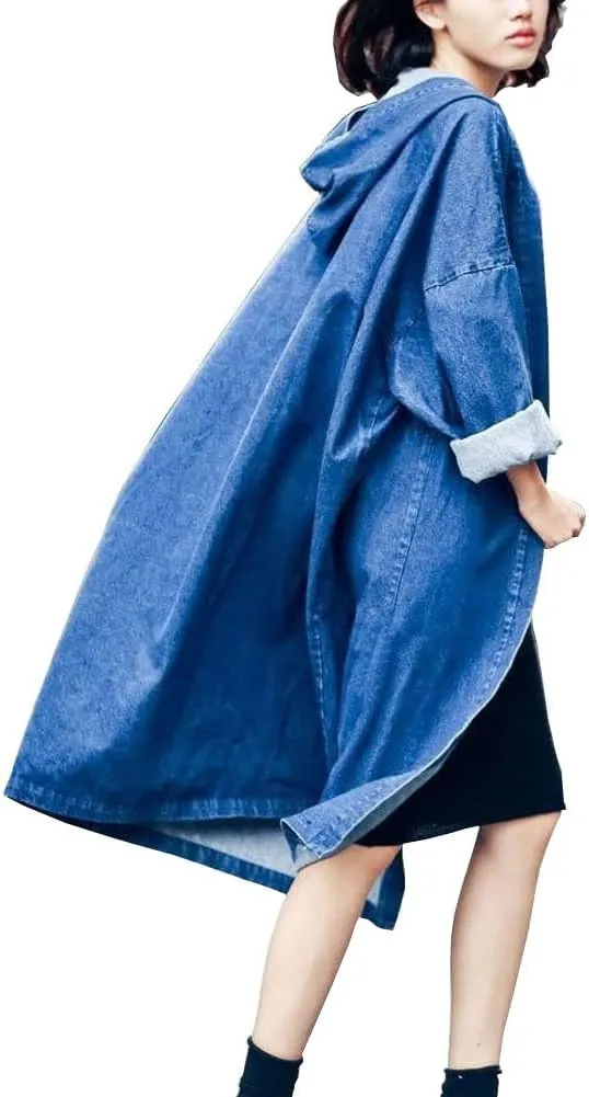 chouyatou Women's Casual Hooded Denim Jacket Open Front Loose Fit Boyfriend Jean Long Trench Coat with Hood