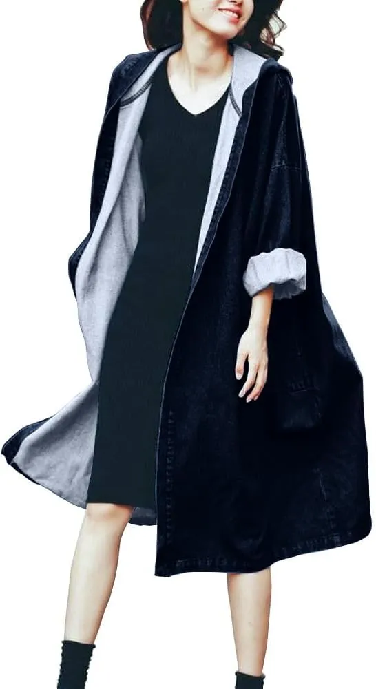 chouyatou Women's Casual Hooded Denim Jacket Open Front Loose Fit Boyfriend Jean Long Trench Coat with Hood