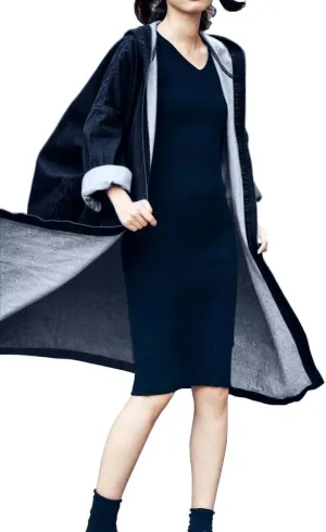 chouyatou Women's Casual Hooded Denim Jacket Open Front Loose Fit Boyfriend Jean Long Trench Coat with Hood