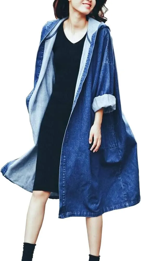 chouyatou Women's Casual Hooded Denim Jacket Open Front Loose Fit Boyfriend Jean Long Trench Coat with Hood