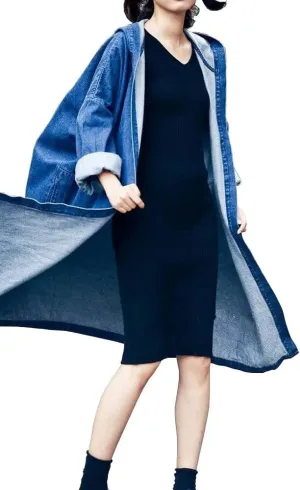 chouyatou Women's Casual Hooded Denim Jacket Open Front Loose Fit Boyfriend Jean Long Trench Coat with Hood