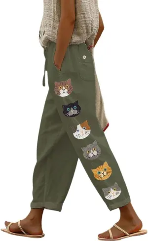 chouyatou Women's Cute Cat Pattern Wide Leg Pants High Elastic Waist Capri Beach Palazzo Pants with Pockets