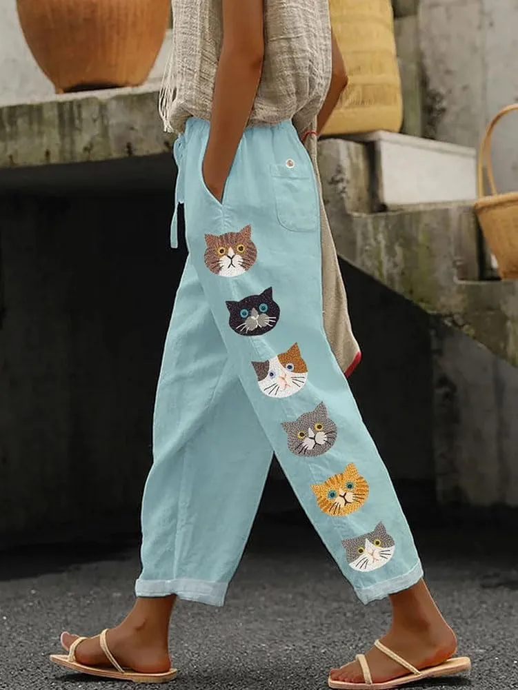 chouyatou Women's Cute Cat Pattern Wide Leg Pants High Elastic Waist Capri Beach Palazzo Pants with Pockets