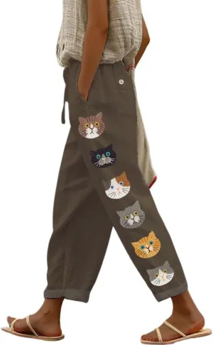 chouyatou Women's Cute Cat Pattern Wide Leg Pants High Elastic Waist Capri Beach Palazzo Pants with Pockets