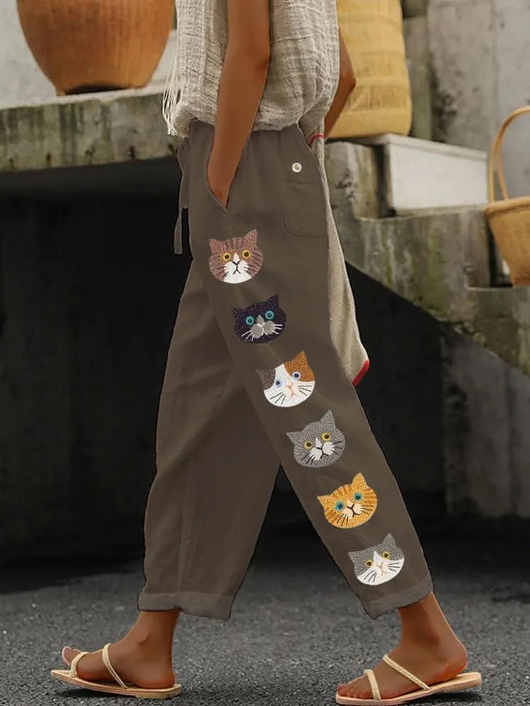 chouyatou Women's Cute Cat Pattern Wide Leg Pants High Elastic Waist Capri Beach Palazzo Pants with Pockets
