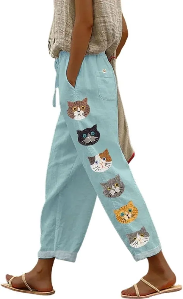 chouyatou Women's Cute Cat Pattern Wide Leg Pants High Elastic Waist Capri Beach Palazzo Pants with Pockets