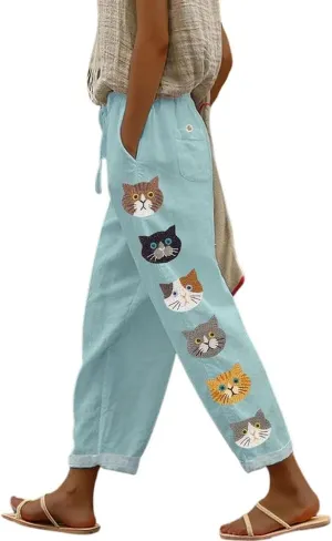 chouyatou Women's Cute Cat Pattern Wide Leg Pants High Elastic Waist Capri Beach Palazzo Pants with Pockets
