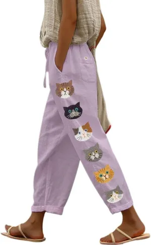 chouyatou Women's Cute Cat Pattern Wide Leg Pants High Elastic Waist Capri Beach Palazzo Pants with Pockets