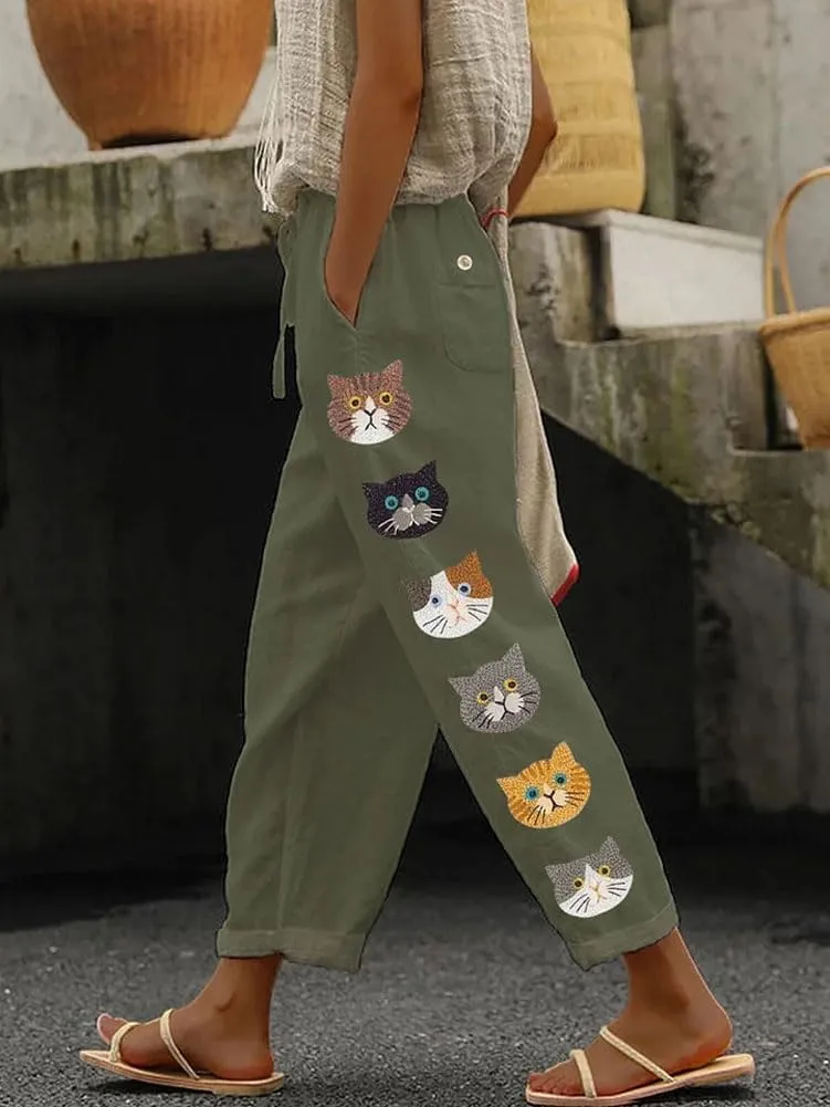 chouyatou Women's Cute Cat Pattern Wide Leg Pants High Elastic Waist Capri Beach Palazzo Pants with Pockets
