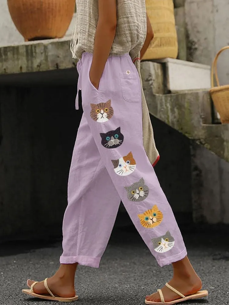 chouyatou Women's Cute Cat Pattern Wide Leg Pants High Elastic Waist Capri Beach Palazzo Pants with Pockets