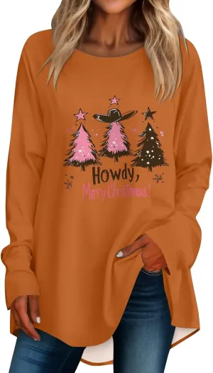 Christmas Sweatshirt for Women 2024 Funny Plus Size Print Sweatshirts Crewneck Long Sleeve Xmas Holiday Vacation Tops