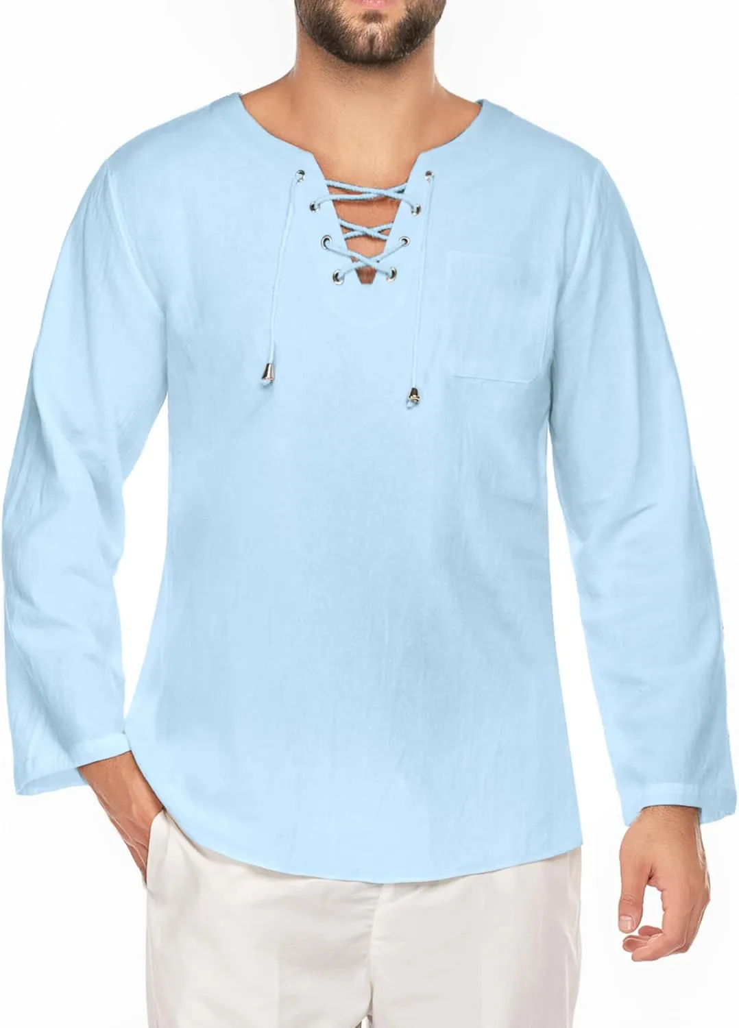 COOFANDY Mens Linen Beach Tee Shirts Cotton Hippie Shirts V Neck Long Sleeve Tunic Big and Tall Yoga Shirt