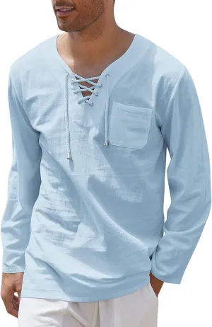 COOFANDY Mens Linen Beach Tee Shirts Cotton Hippie Shirts V Neck Long Sleeve Tunic Big and Tall Yoga Shirt