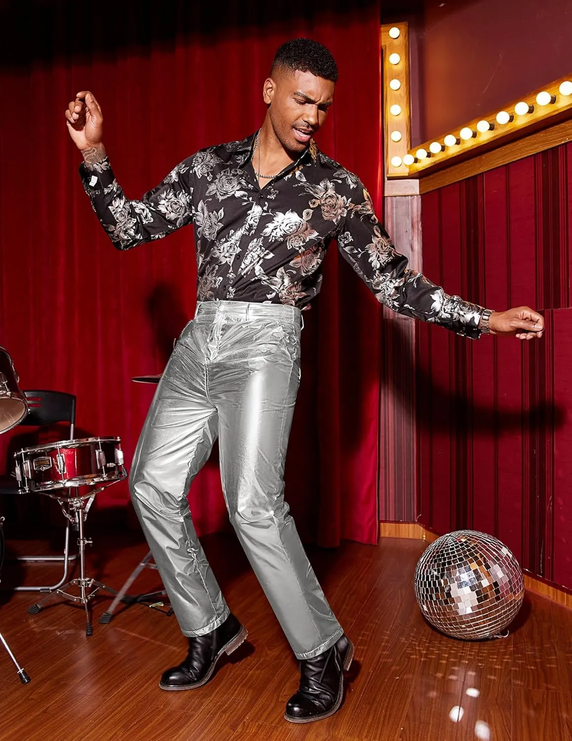 COOFANDY Men's Metallic Shiny Pants Night Club Pants 70s 80s 90s Disco Pant Party Dance Straight Leg Trousers