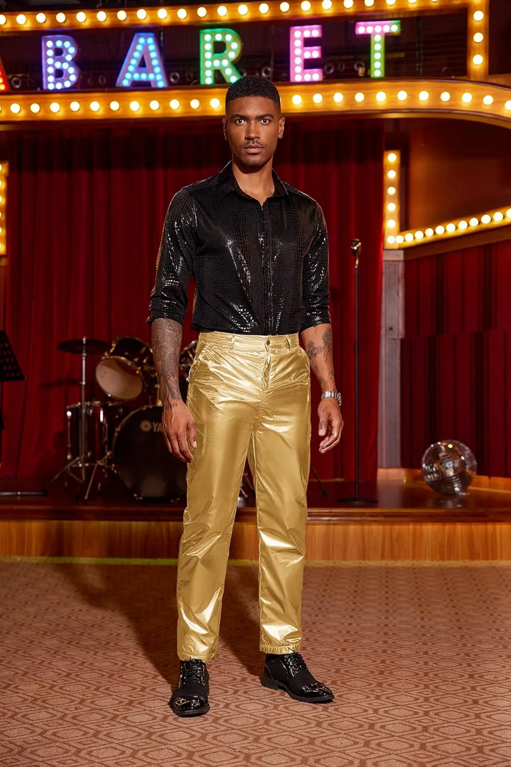COOFANDY Men's Metallic Shiny Pants Night Club Pants 70s 80s 90s Disco Pant Party Dance Straight Leg Trousers