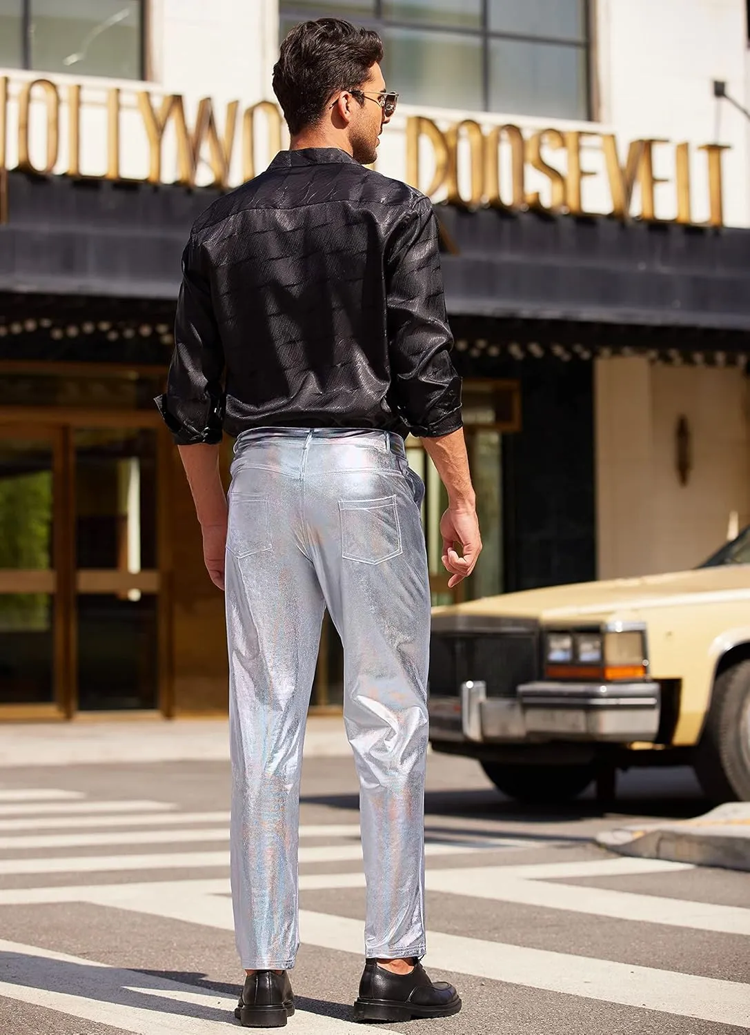 COOFANDY Men's Metallic Shiny Pants Night Club Pants 70s 80s 90s Disco Pant Party Dance Straight Leg Trousers