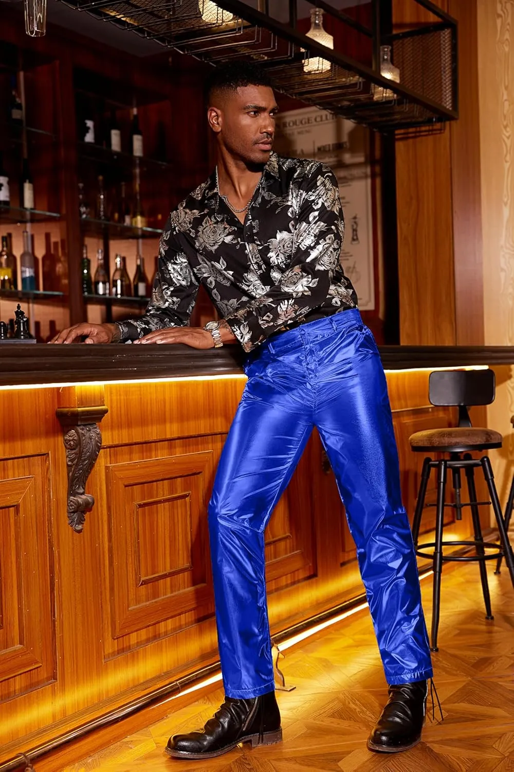 COOFANDY Men's Metallic Shiny Pants Night Club Pants 70s 80s 90s Disco Pant Party Dance Straight Leg Trousers