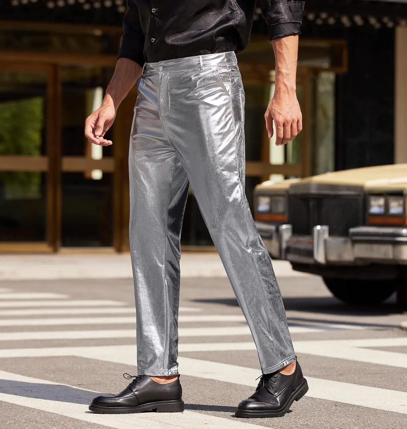 COOFANDY Men's Metallic Shiny Pants Night Club Pants 70s 80s 90s Disco Pant Party Dance Straight Leg Trousers
