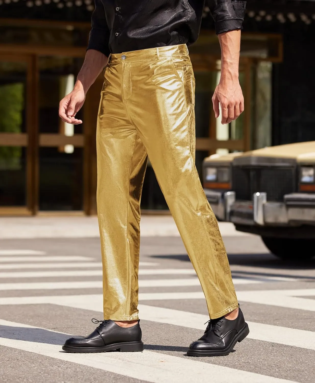 COOFANDY Men's Metallic Shiny Pants Night Club Pants 70s 80s 90s Disco Pant Party Dance Straight Leg Trousers