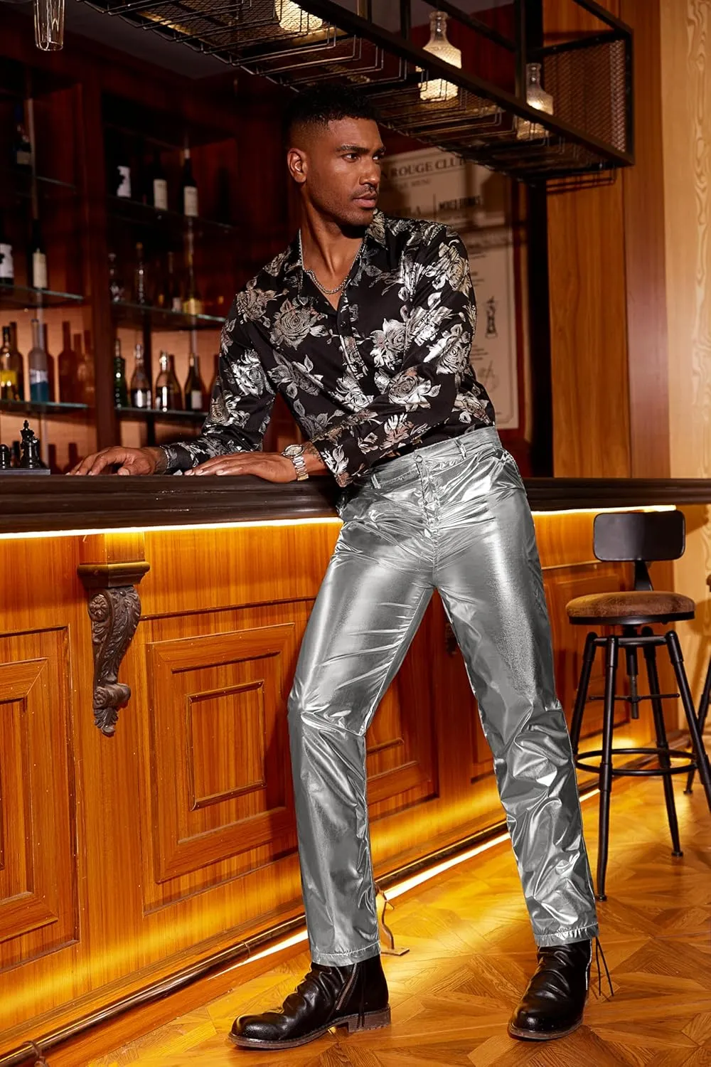 COOFANDY Men's Metallic Shiny Pants Night Club Pants 70s 80s 90s Disco Pant Party Dance Straight Leg Trousers
