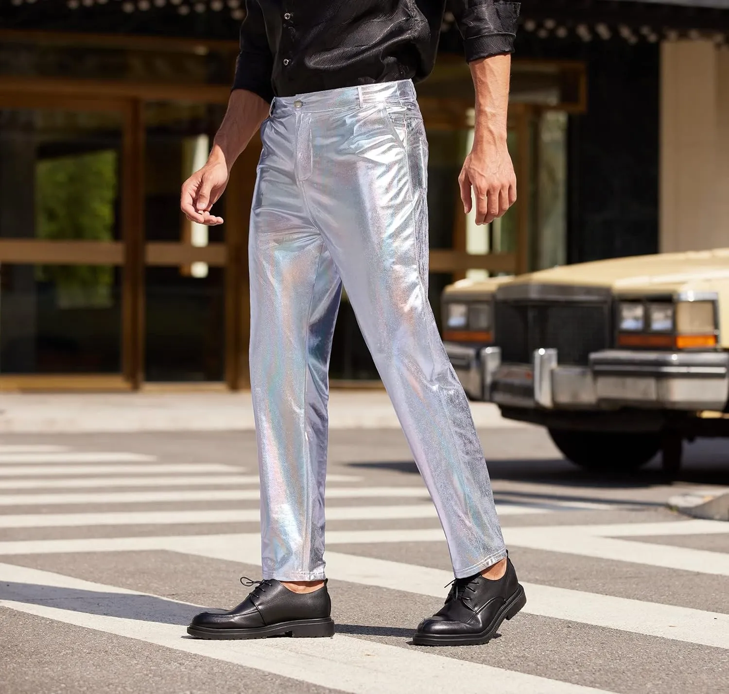 COOFANDY Men's Metallic Shiny Pants Night Club Pants 70s 80s 90s Disco Pant Party Dance Straight Leg Trousers