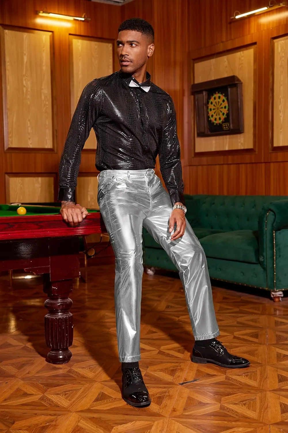 COOFANDY Men's Metallic Shiny Pants Night Club Pants 70s 80s 90s Disco Pant Party Dance Straight Leg Trousers