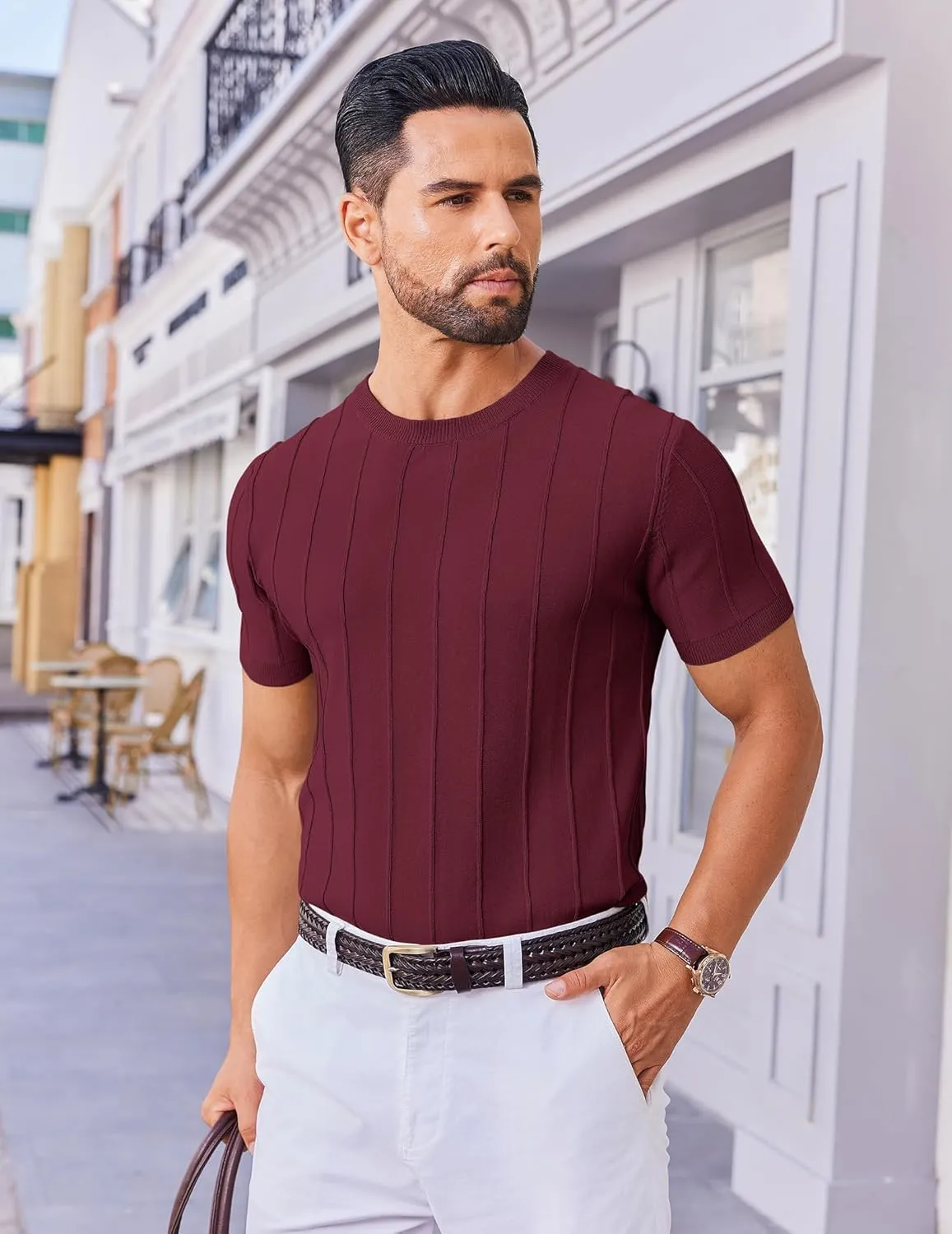 COOFANDY Men's T- Shirts Short Sleeve Knit Sweater Shirt Casual Crewneck Ribbed Pullover Tees
