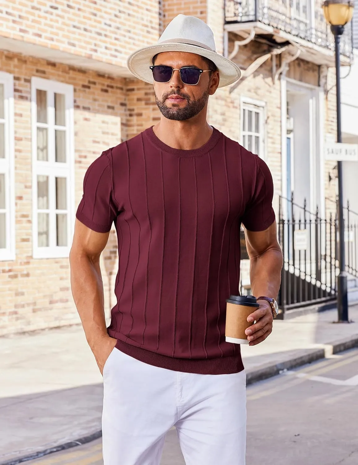 COOFANDY Men's T- Shirts Short Sleeve Knit Sweater Shirt Casual Crewneck Ribbed Pullover Tees