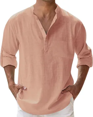 Cotton Linen Shirts for Men Lightweight Solid Color Button Down Long Sleeve Henley Shirts Casual Beach Hippie Tshirt