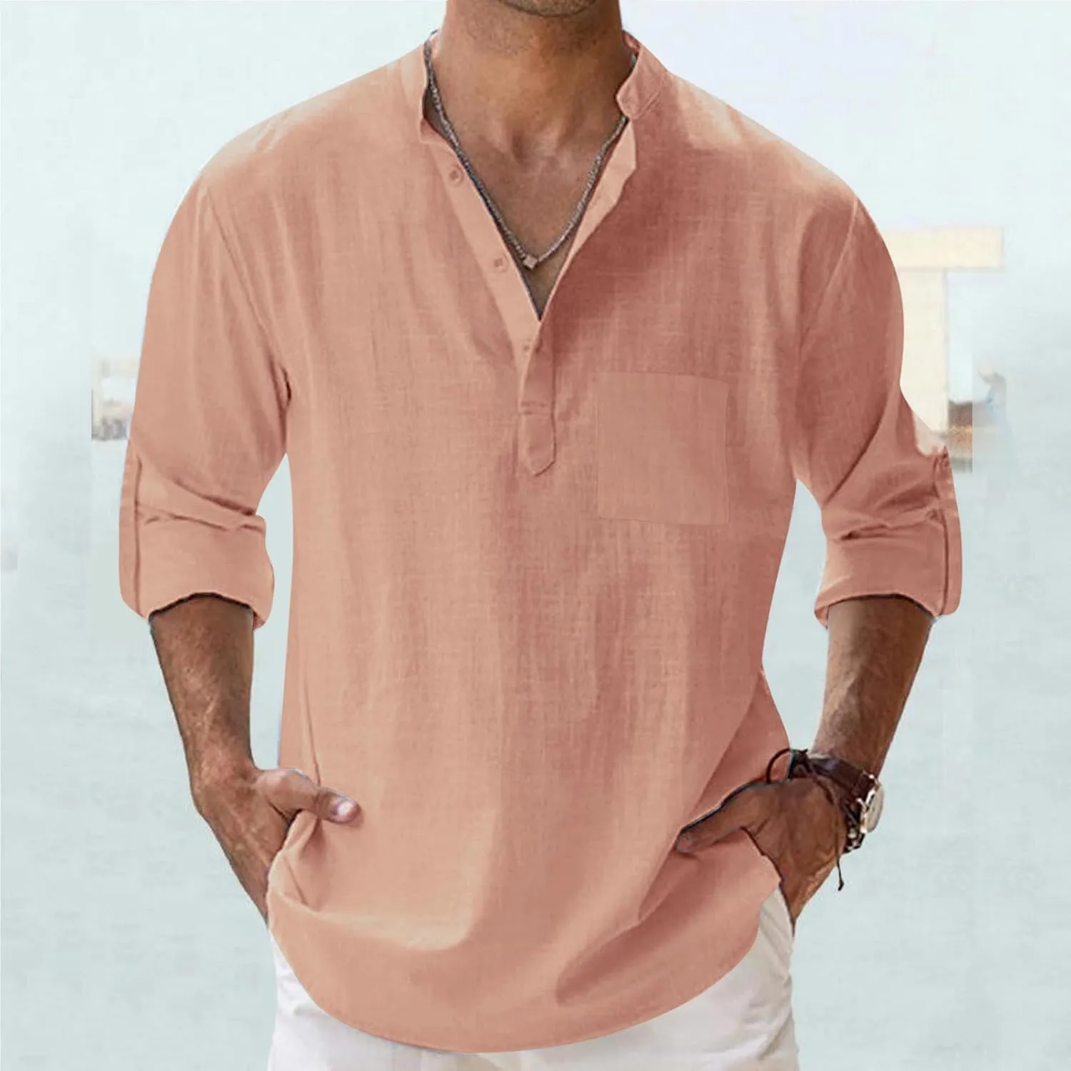 Cotton Linen Shirts for Men Lightweight Solid Color Button Down Long Sleeve Henley Shirts Casual Beach Hippie Tshirt