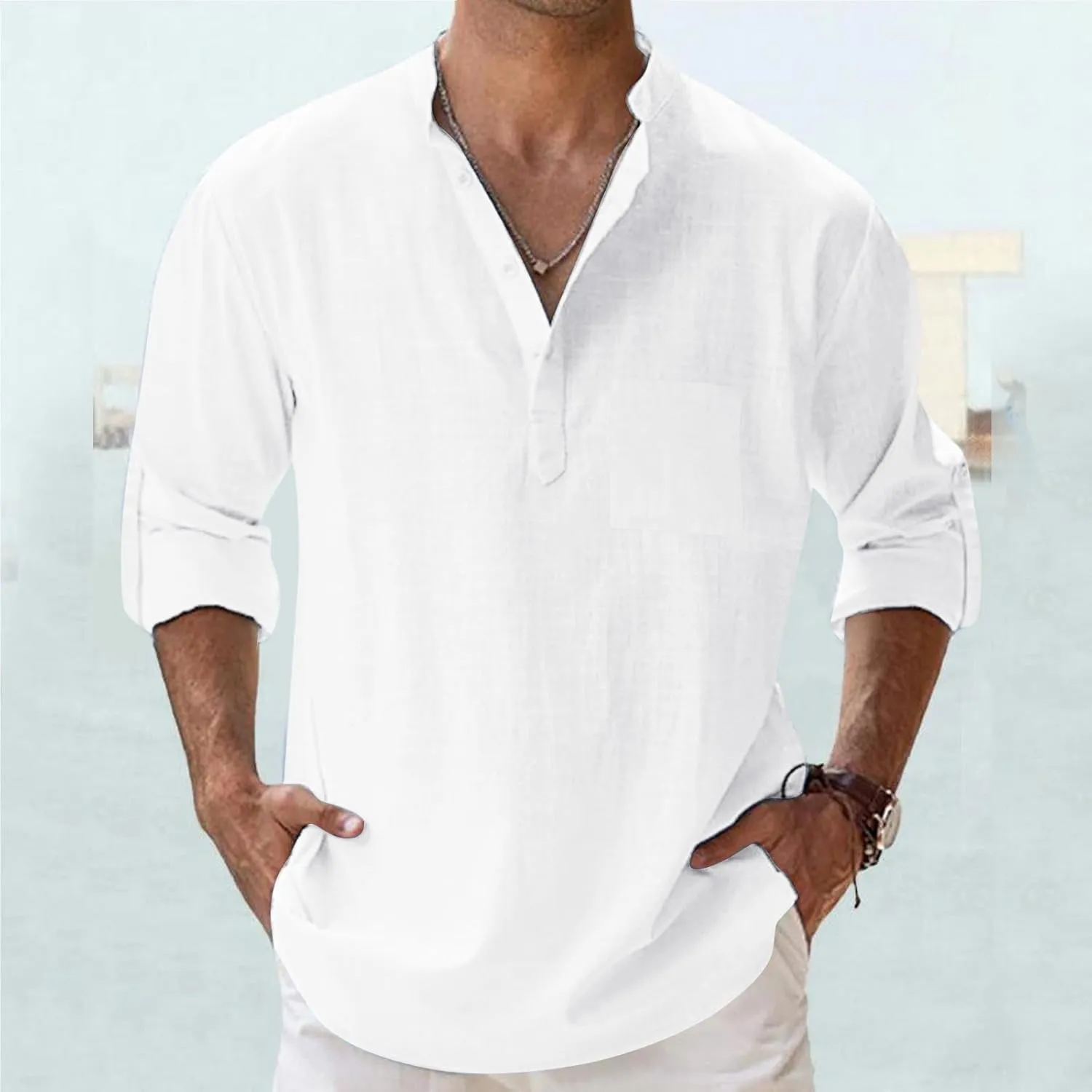 Cotton Linen Shirts for Men Lightweight Solid Color Button Down Long Sleeve Henley Shirts Casual Beach Hippie Tshirt