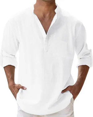 Cotton Linen Shirts for Men Lightweight Solid Color Button Down Long Sleeve Henley Shirts Casual Beach Hippie Tshirt