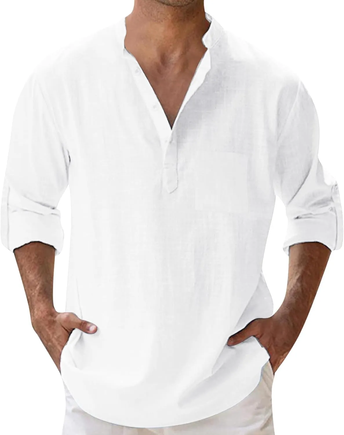 Cotton Linen Shirts for Men Lightweight Solid Color Button Down Long Sleeve Henley Shirts Casual Beach Hippie Tshirt