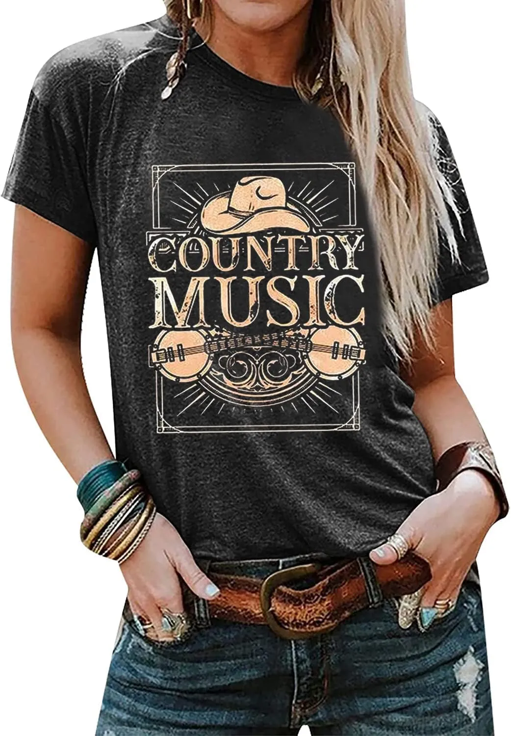 Country Music Tshirt Women Vintage Graphic Tees Funny Western Cowboy Shirt Casual Short Sleeve Tops