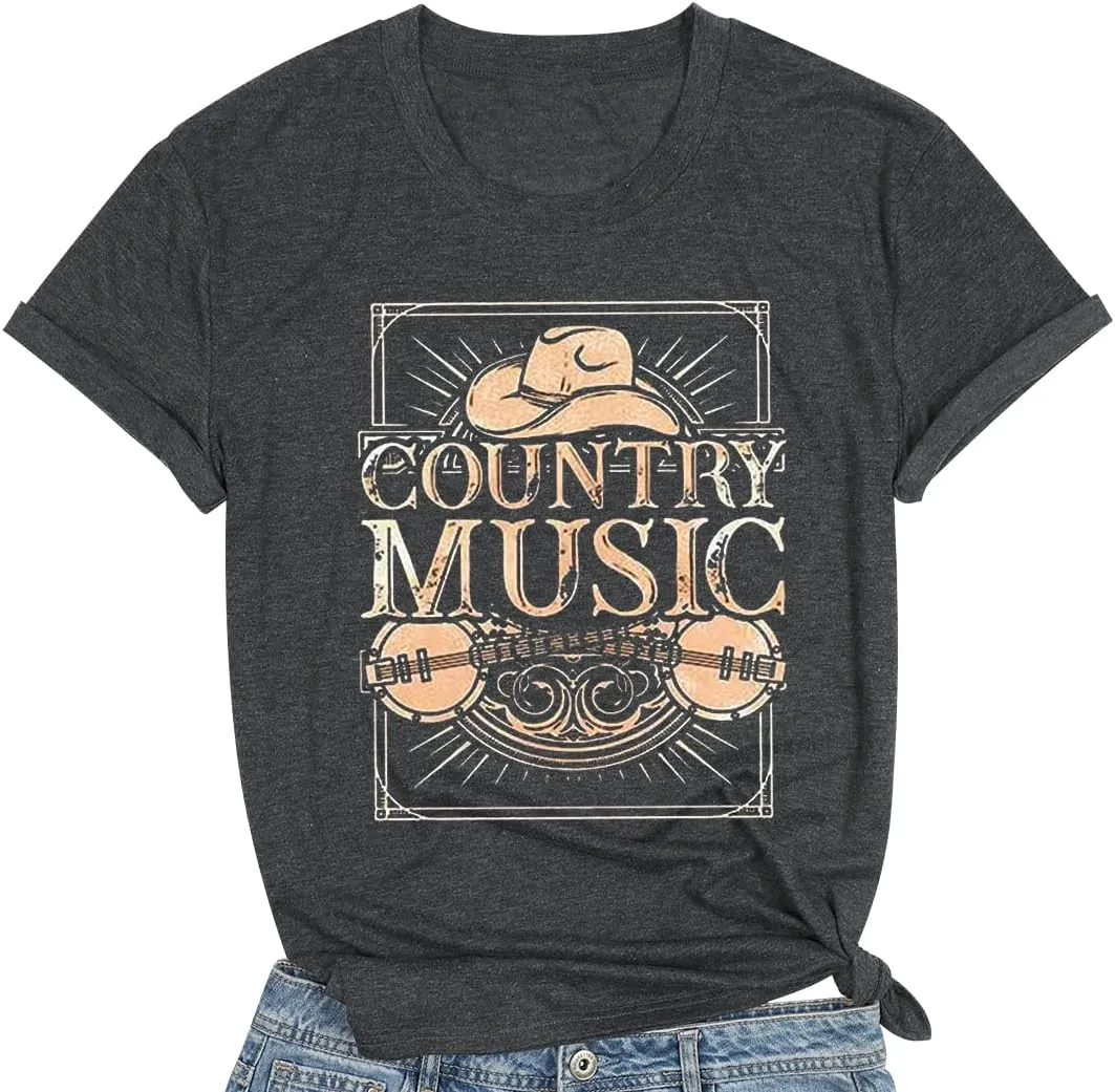 Country Music Tshirt Women Vintage Graphic Tees Funny Western Cowboy Shirt Casual Short Sleeve Tops