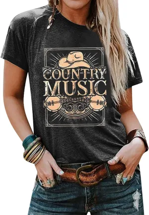 Country Music Tshirt Women Vintage Graphic Tees Funny Western Cowboy Shirt Casual Short Sleeve Tops