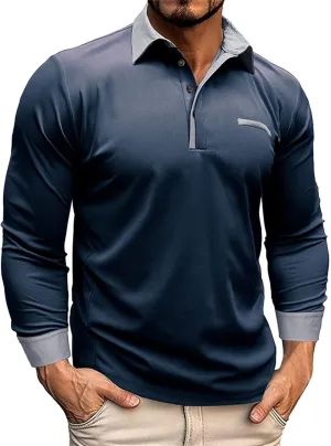 CRNTCEM Mens Long Sleeves Button Up Polo Shirts Chinos Cotton Slim Fit Tennis Shirts Lapel Collar Business Work Golf Teeshirt