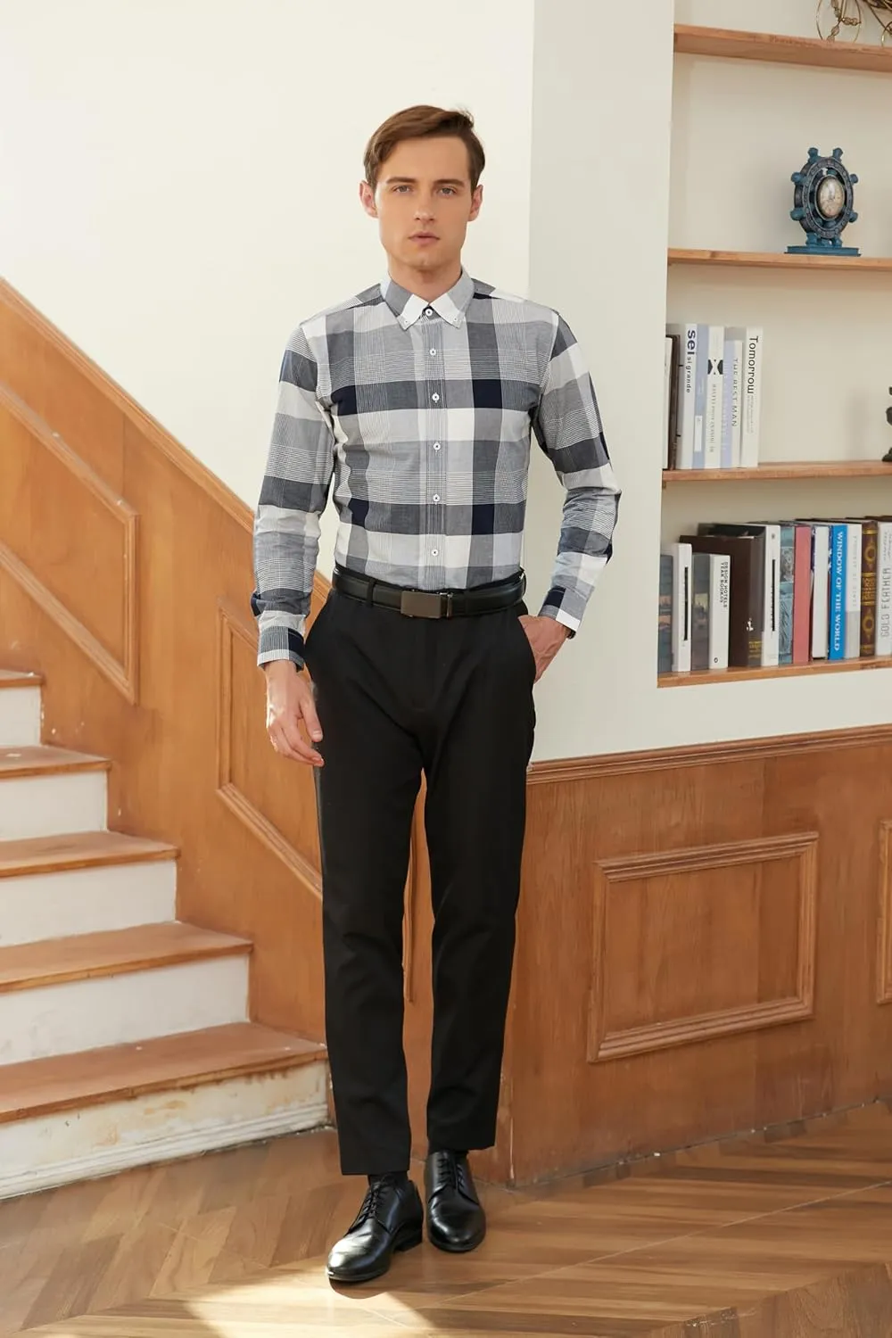 Cromoncent Mens Long Sleeve Oxford Button Down Shirts Casual Dress Shirt for Men,100% Cotton,Plaid/Stripes Shirts