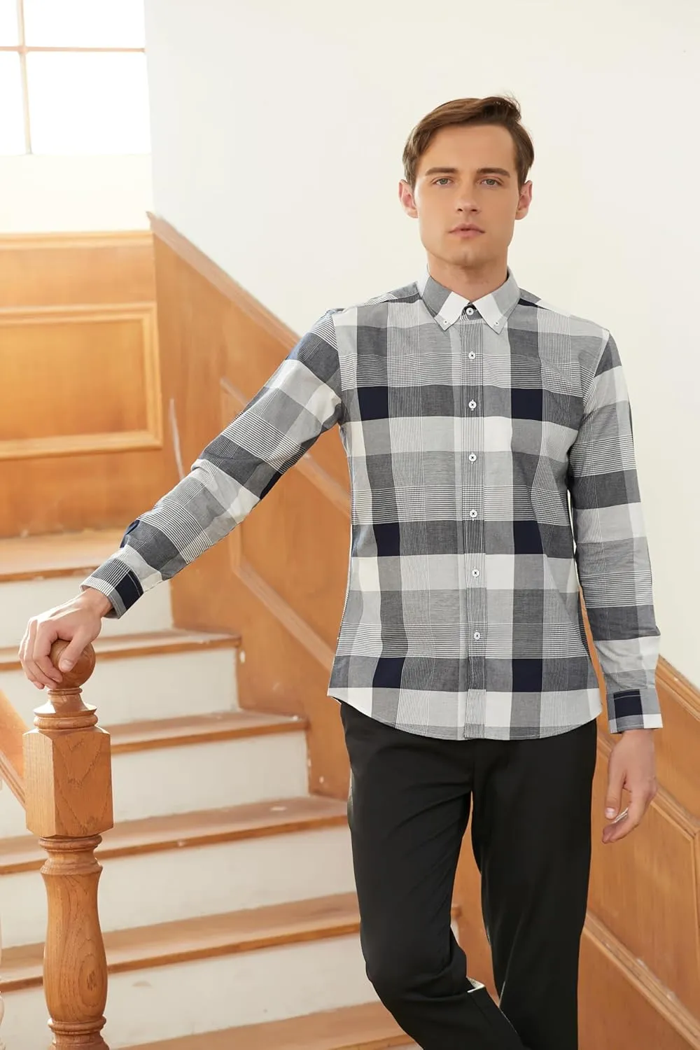 Cromoncent Mens Long Sleeve Oxford Button Down Shirts Casual Dress Shirt for Men,100% Cotton,Plaid/Stripes Shirts