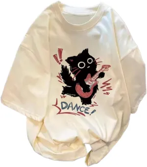 Cute Punk Cat Guitar Printed Short Sleeve T-Shirt Summer Oversized Graphic Tees Harajuku Vintage Aesthetic Baggy Top