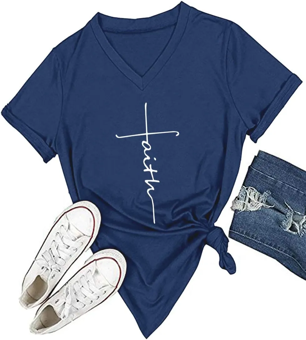 DANVOUY Women's V-Neck Summer Casual Letters Printed Short Sleeves Graphic T-Shirt