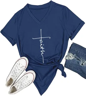 DANVOUY Women's V-Neck Summer Casual Letters Printed Short Sleeves Graphic T-Shirt
