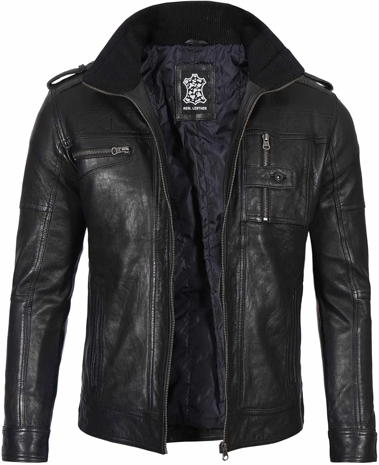 Decrum Mens Leather Jacket  Cafe Racer Style Casual Leather Jackets For Men