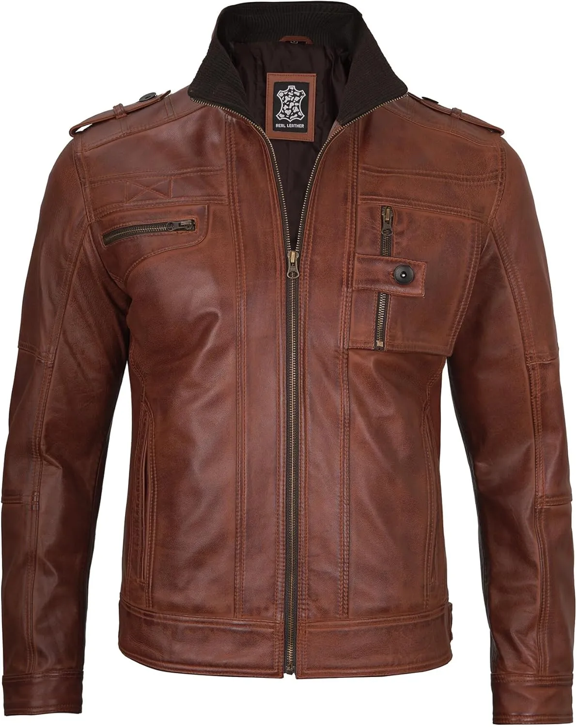 Decrum Mens Leather Jacket  Cafe Racer Style Casual Leather Jackets For Men