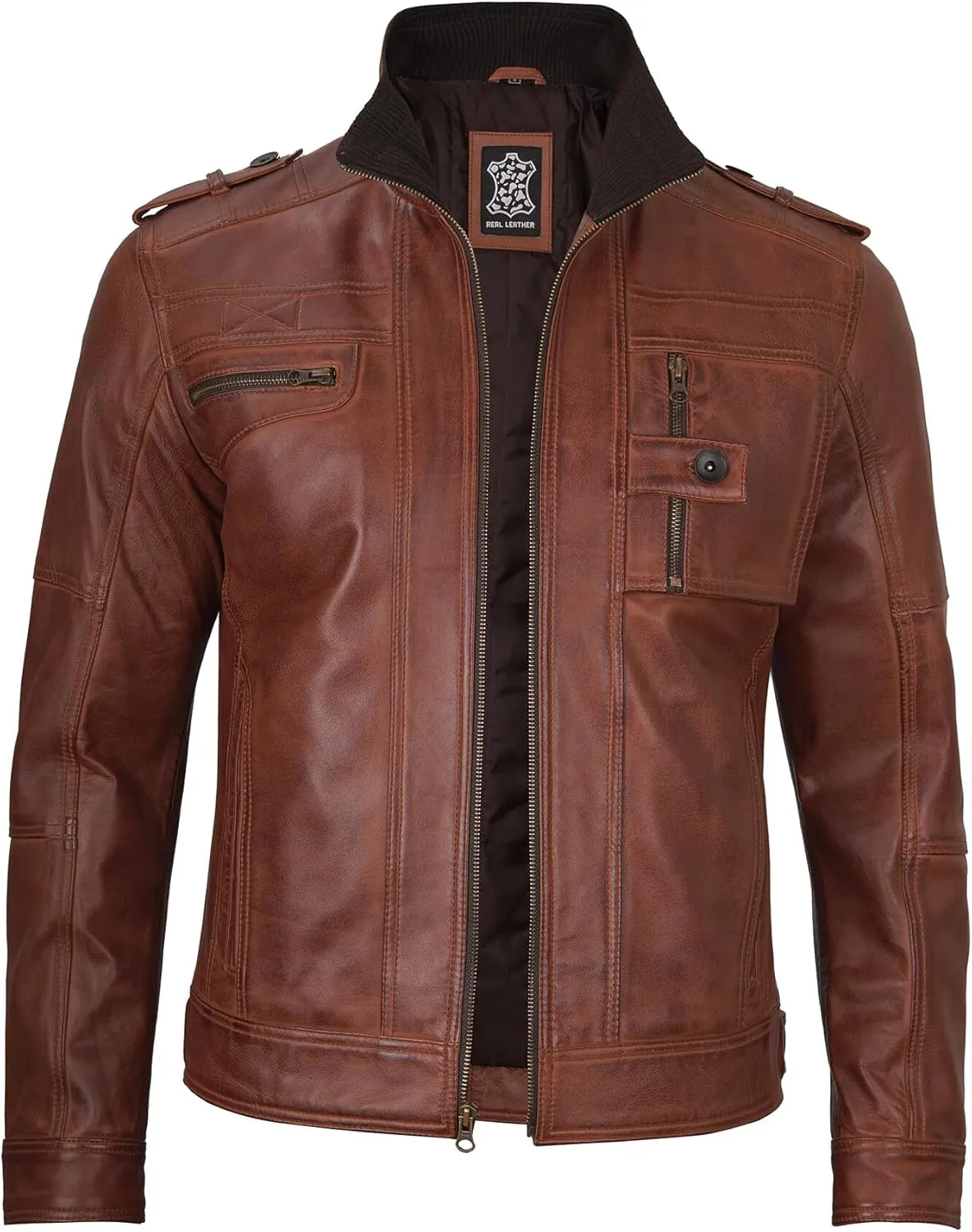 Decrum Mens Leather Jacket  Cafe Racer Style Casual Leather Jackets For Men